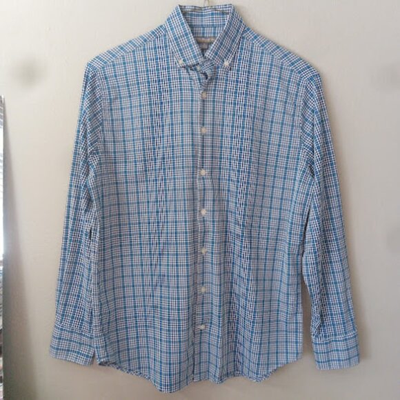 PETER MILLAR | Summer Comfort Performance Sport Blue Check Button Down Shirt L - Picture 1 of 13